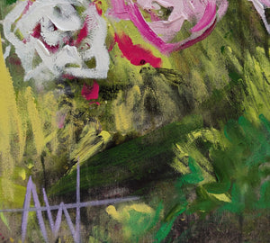 Sommerrosen-Kaskade - Ölgemälde mit rosa und weißen Blumen in einem Gartenkübel