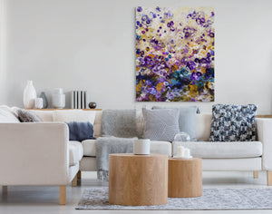 Indigo Bloomscape – Abstract Floral Painting with Gold Accents