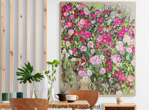 Wildrosenstrauch – Ausdrucksstarkes Blumenbild mit rosa Rosen auf Leinwand