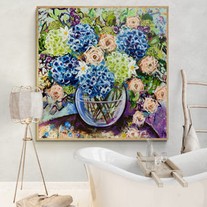 Blue Hydrangea and Apricot Roses – Large Floral Artwork