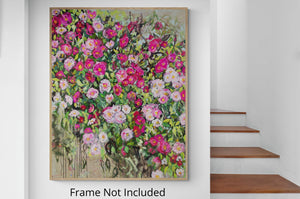 Wildrosenstrauch – Ausdrucksstarkes Blumenbild mit rosa Rosen auf Leinwand