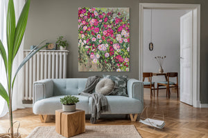 Wildrosenstrauch – Ausdrucksstarkes Blumenbild mit rosa Rosen auf Leinwand