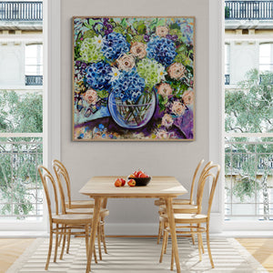 Blue Hydrangea and Apricot Roses – Large Floral Artwork