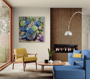 Blue Hydrangea and Apricot Roses – Large Floral Artwork