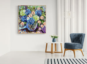 Blue Hydrangea and Apricot Roses – Large Floral Artwork