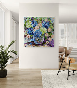 Blue Hydrangea and Apricot Roses – Large Floral Artwork