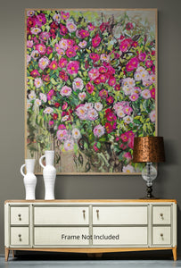 Wildrosenstrauch – Ausdrucksstarkes Blumenbild mit rosa Rosen auf Leinwand