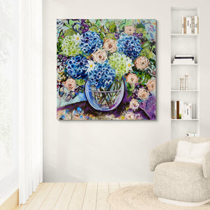 Blue Hydrangea and Apricot Roses – Large Floral Artwork