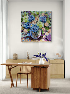 Blue Hydrangea and Apricot Roses – Large Floral Artwork