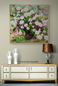 Sommerrosen-Kaskade - Ölgemälde mit rosa und weißen Blumen in einem Gartenkübel
