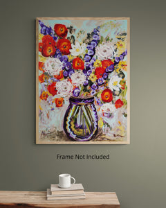 Mohnblumen in einer tiefblauen Vase – originales, farbenfrohes Blumen-Ölgemälde