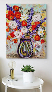 Mohnblumen in einer tiefblauen Vase – originales, farbenfrohes Blumen-Ölgemälde