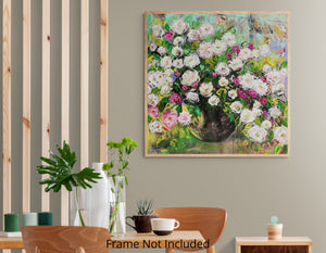 Sommerrosen-Kaskade - Ölgemälde mit rosa und weißen Blumen in einem Gartenkübel