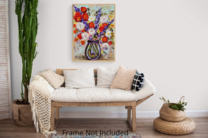 Mohnblumen in einer tiefblauen Vase – originales, farbenfrohes Blumen-Ölgemälde