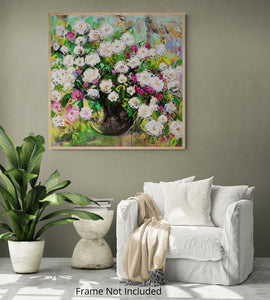 Sommerrosen-Kaskade - Ölgemälde mit rosa und weißen Blumen in einem Gartenkübel