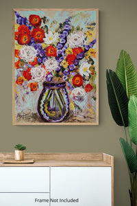Mohnblumen in einer tiefblauen Vase – originales, farbenfrohes Blumen-Ölgemälde