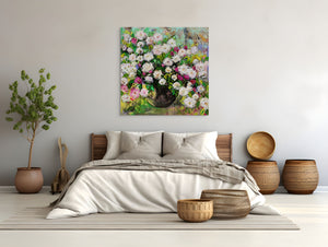 Sommerrosen-Kaskade - Ölgemälde mit rosa und weißen Blumen in einem Gartenkübel