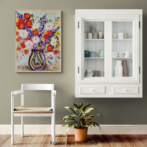 Mohnblumen in einer tiefblauen Vase – originales, farbenfrohes Blumen-Ölgemälde
