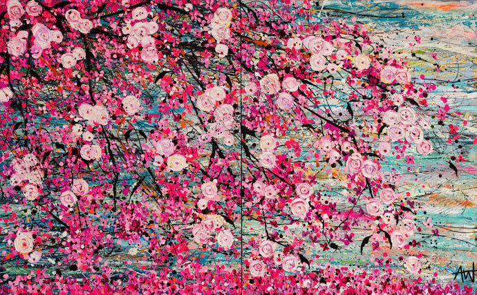 Cherry Blossoms on Water - Large painting (Diptych)